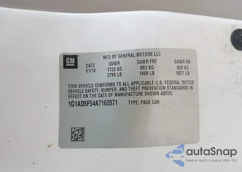 2010 Chevrolet Cobalt Lt z USA, uszkodzony, nr VIN 1G1AD5F54A7162871